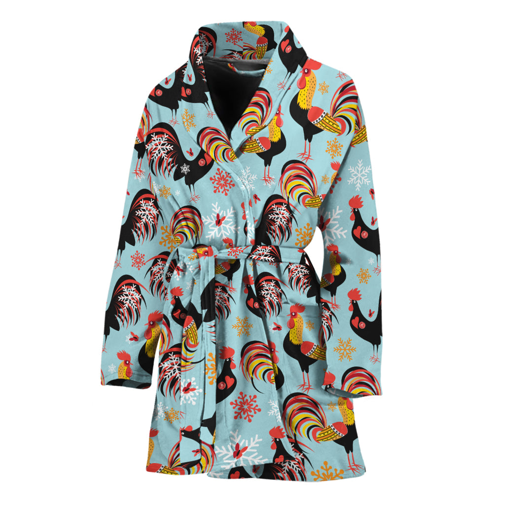 Rooster And Snowflake Pattern Print Women's Bathrobe