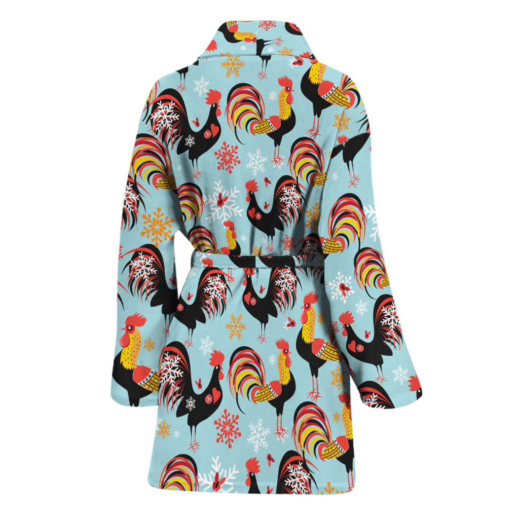 Rooster And Snowflake Pattern Print Women's Bathrobe