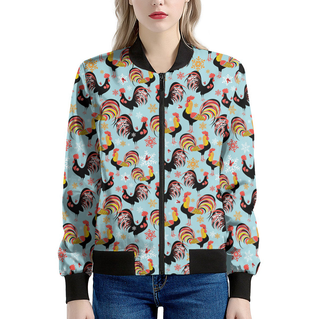 Rooster And Snowflake Pattern Print Women's Bomber Jacket