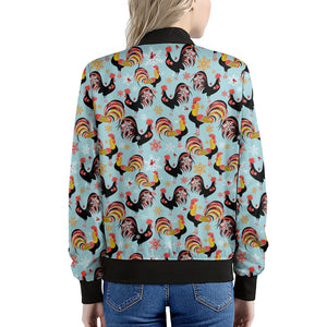 Rooster And Snowflake Pattern Print Women's Bomber Jacket