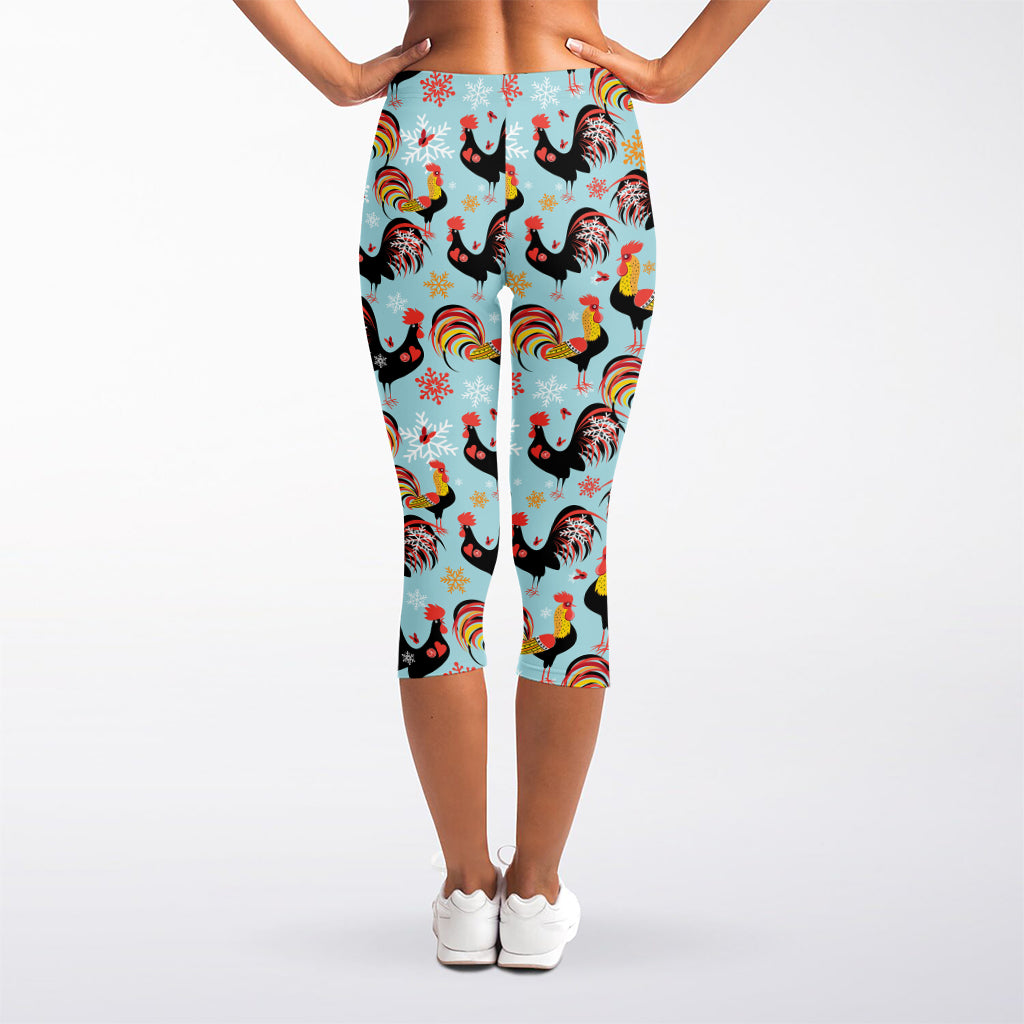 Rooster And Snowflake Pattern Print Women's Capri Leggings