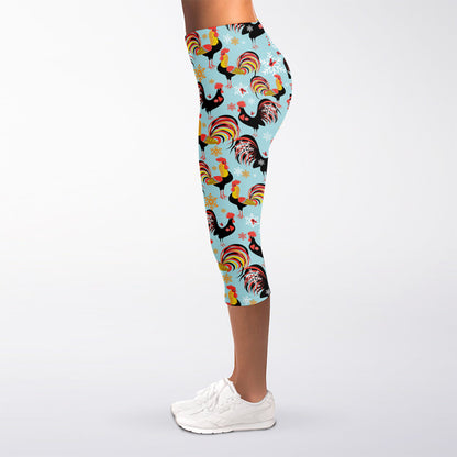 Rooster And Snowflake Pattern Print Women's Capri Leggings