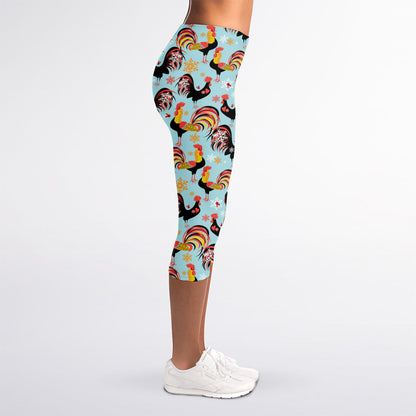 Rooster And Snowflake Pattern Print Women's Capri Leggings