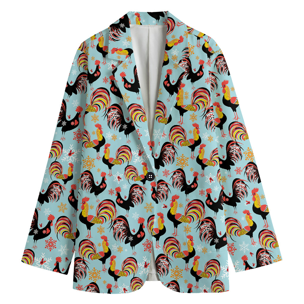 Rooster And Snowflake Pattern Print Women's Cotton Blazer