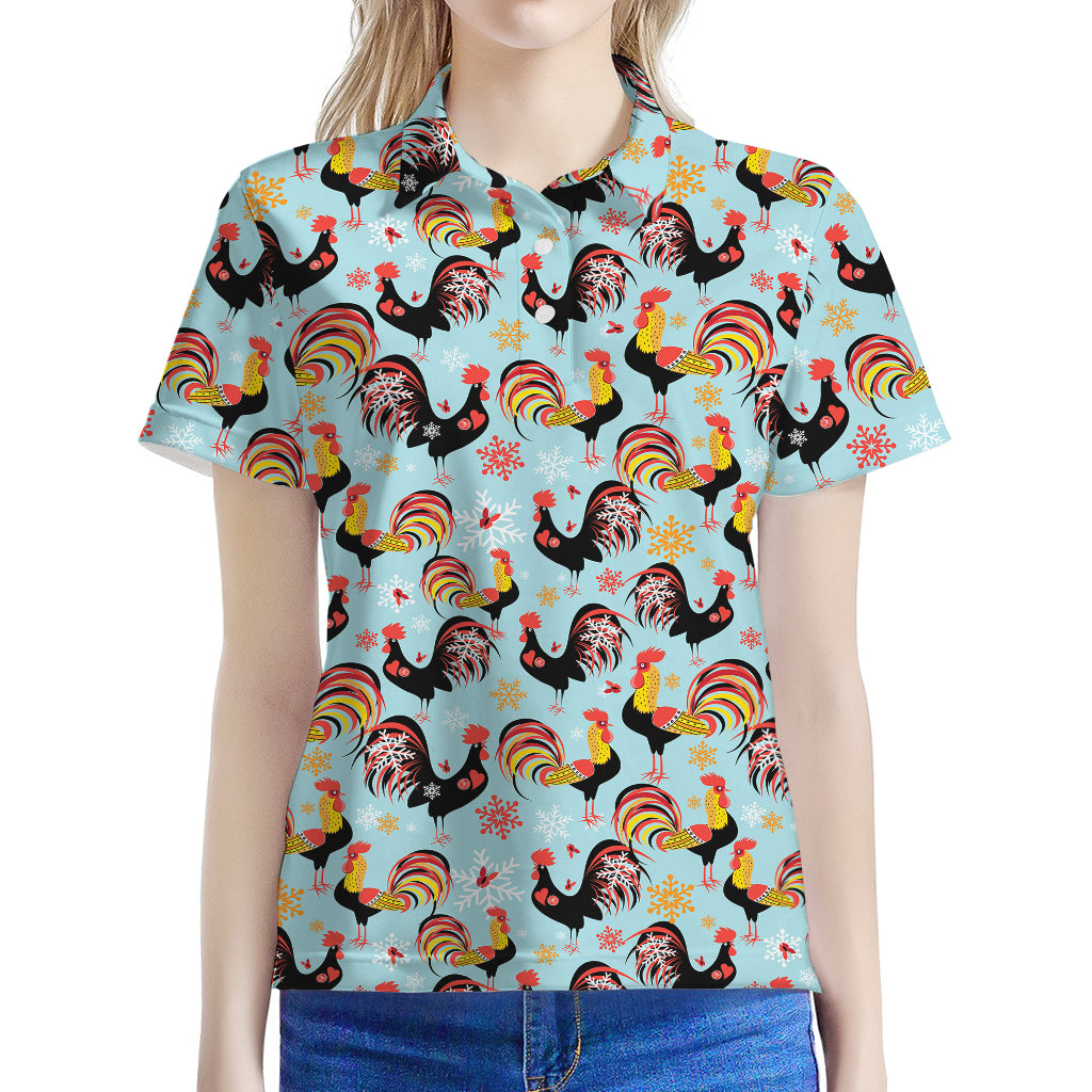 Rooster And Snowflake Pattern Print Women's Polo Shirt