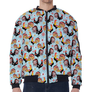 Rooster And Snowflake Pattern Print Zip Sleeve Bomber Jacket