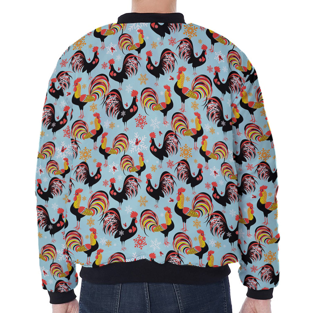 Rooster And Snowflake Pattern Print Zip Sleeve Bomber Jacket