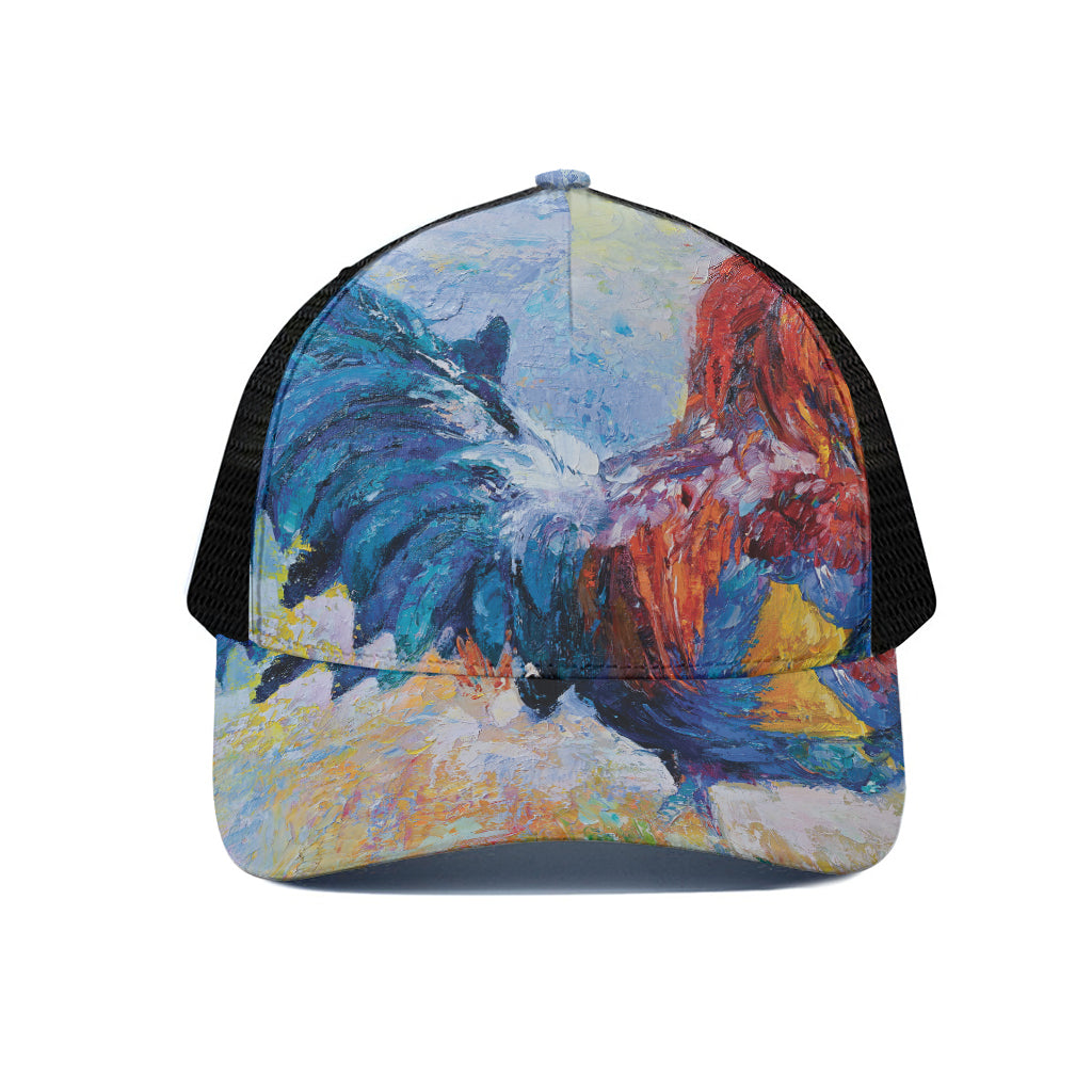 Rooster Painting Print Black Mesh Trucker Cap