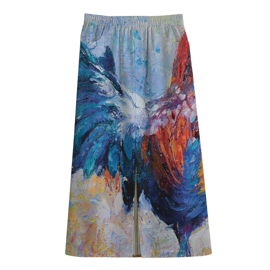 Rooster Painting Print Cotton Front Slit Maxi Skirt