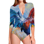Rooster Painting Print Long Sleeve Swimsuit