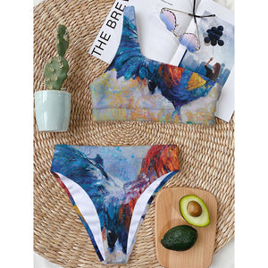 Rooster Painting Print One Shoulder Bikini Top