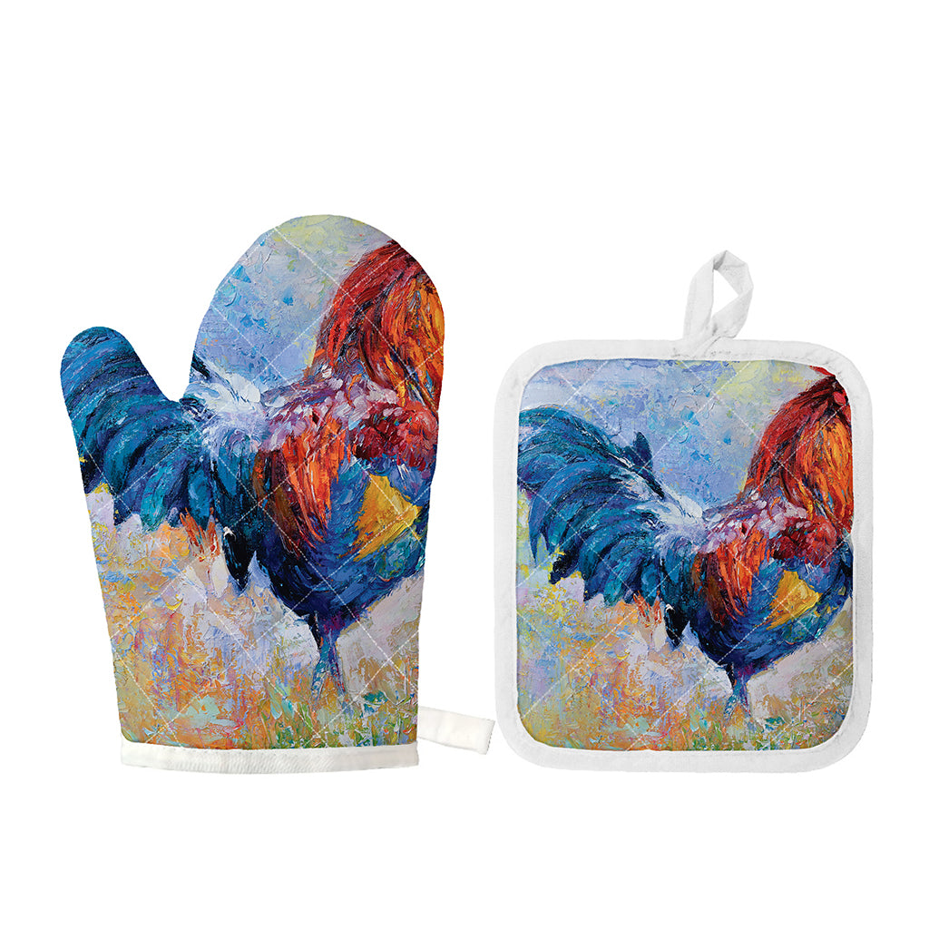 Rooster Painting Print Oven Mitt And Pot Holder Set