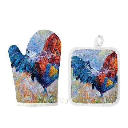 Rooster Painting Print Oven Mitt And Pot Holder Set