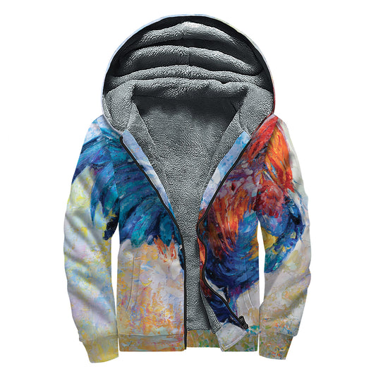 Rooster Painting Print Sherpa Lined Zip Up Hoodie