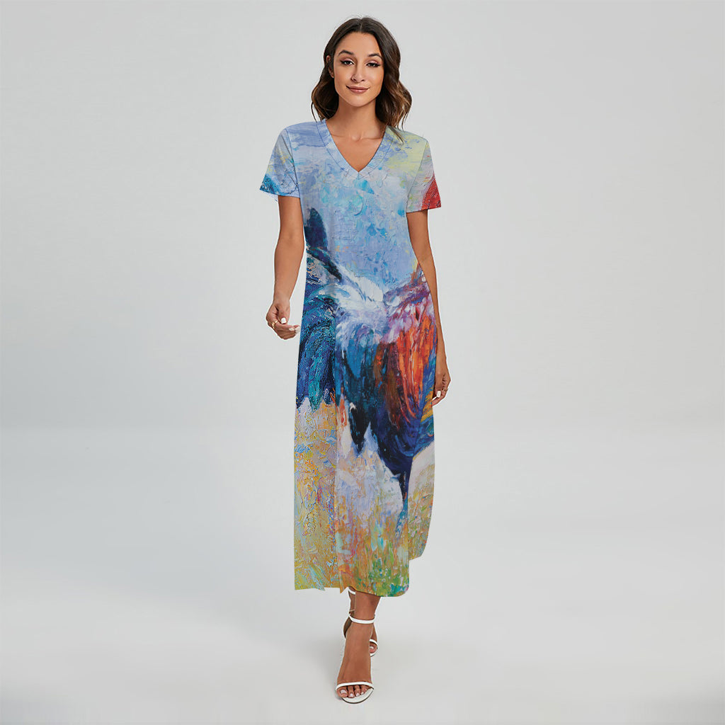 Rooster Painting Print Short Sleeve Maxi Dress