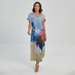 Rooster Painting Print Short Sleeve Maxi Dress