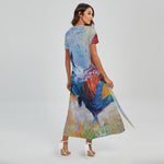 Rooster Painting Print Short Sleeve Maxi Dress