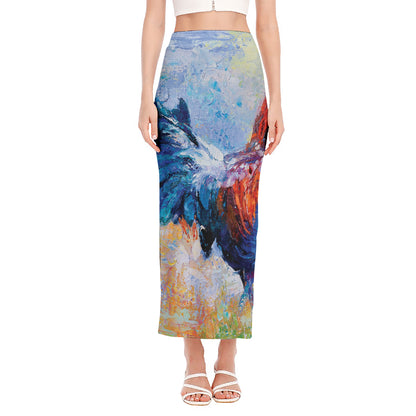 Rooster Painting Print Side Slit Maxi Skirt