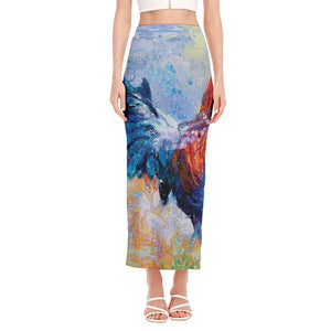 Rooster Painting Print Side Slit Maxi Skirt