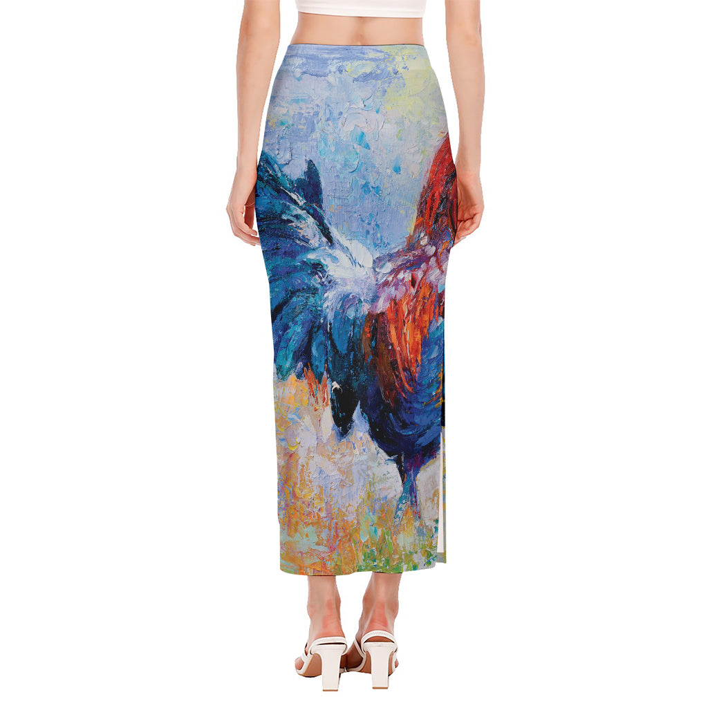 Rooster Painting Print Side Slit Maxi Skirt