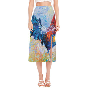 Rooster Painting Print Side Slit Midi Skirt