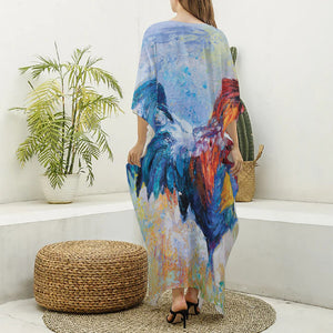 Rooster Painting Print Silk V-Neck Kaftan Dress