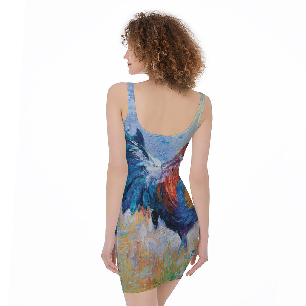 Rooster Painting Print Sleeveless Bodycon Dress