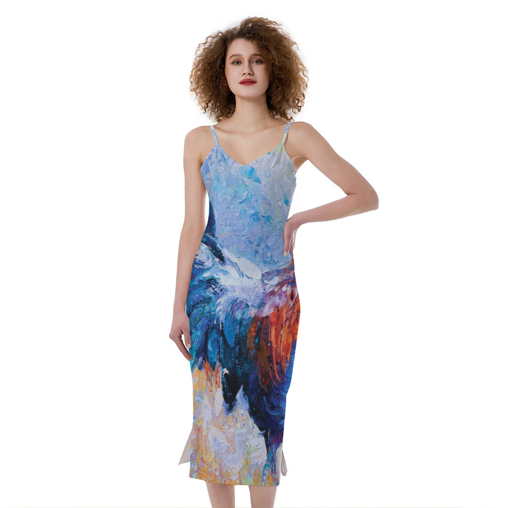 Rooster Painting Print Slim Fit Midi Cami Dress