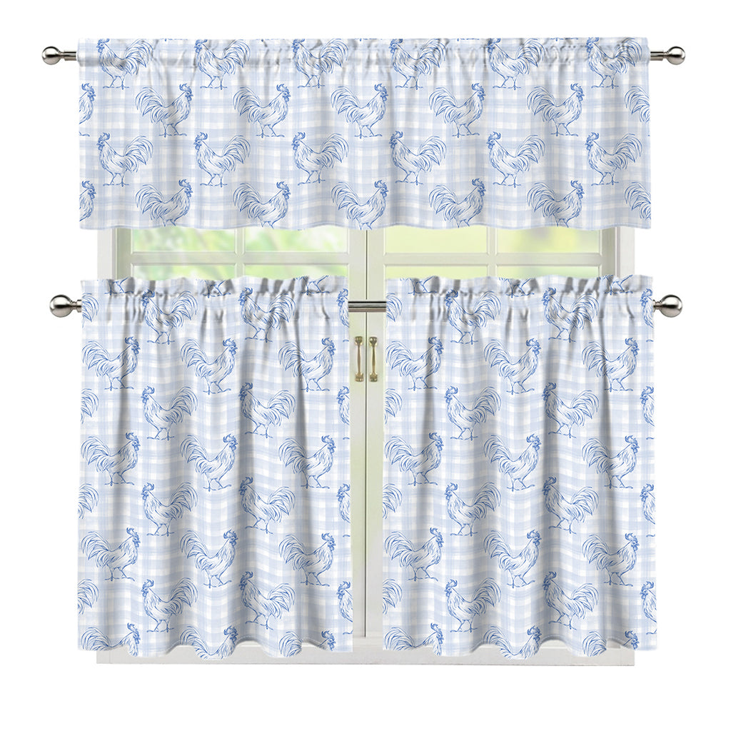 Rooster Plaid Pattern Print 3 Piece Kitchen Curtains