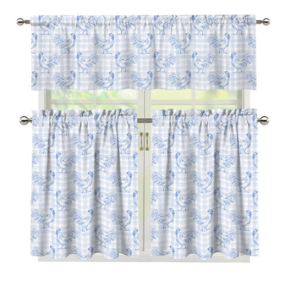 Rooster Plaid Pattern Print 3 Piece Kitchen Curtains