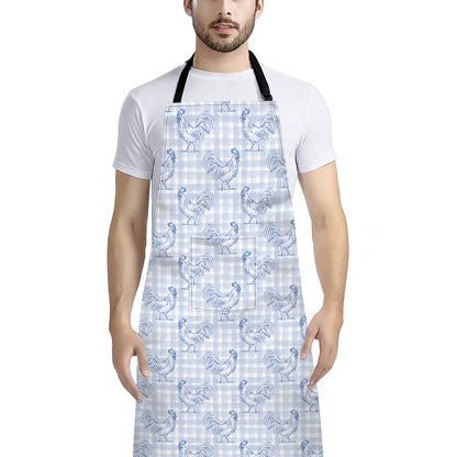 Rooster Plaid Pattern Print Bib Apron With Pocket