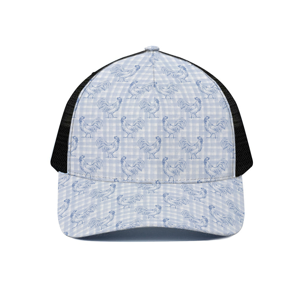 Rooster Plaid Pattern Print Black Mesh Trucker Cap