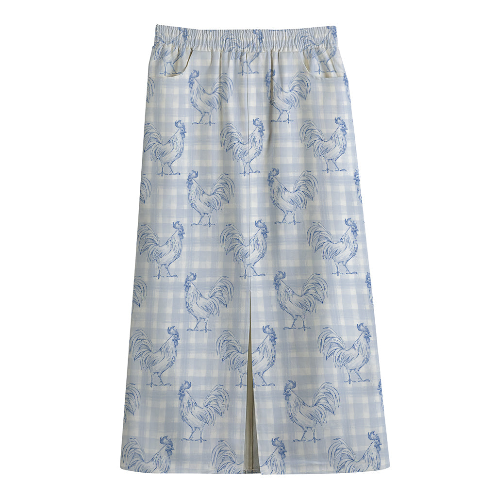 Rooster Plaid Pattern Print Cotton Front Slit Maxi Skirt