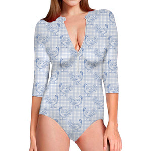 Rooster Plaid Pattern Print Long Sleeve Swimsuit