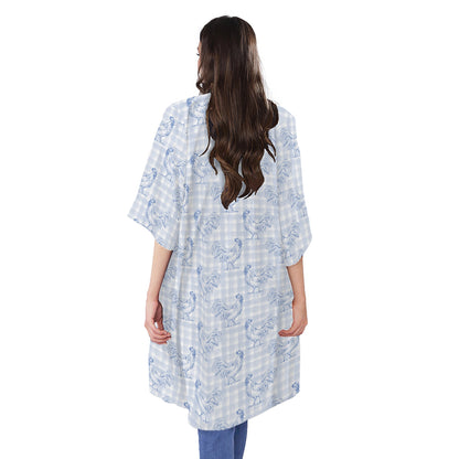 Rooster Plaid Pattern Print Open Front Beach Cover Up
