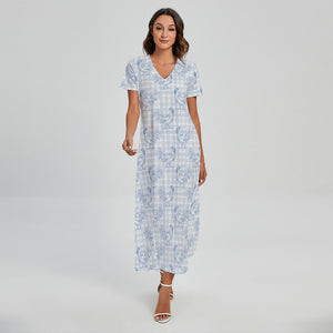 Rooster Plaid Pattern Print Short Sleeve Maxi Dress