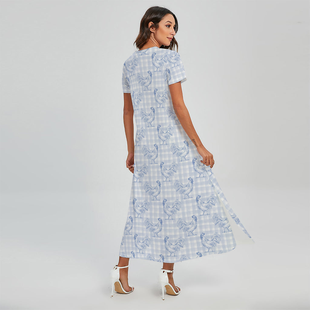 Rooster Plaid Pattern Print Short Sleeve Maxi Dress