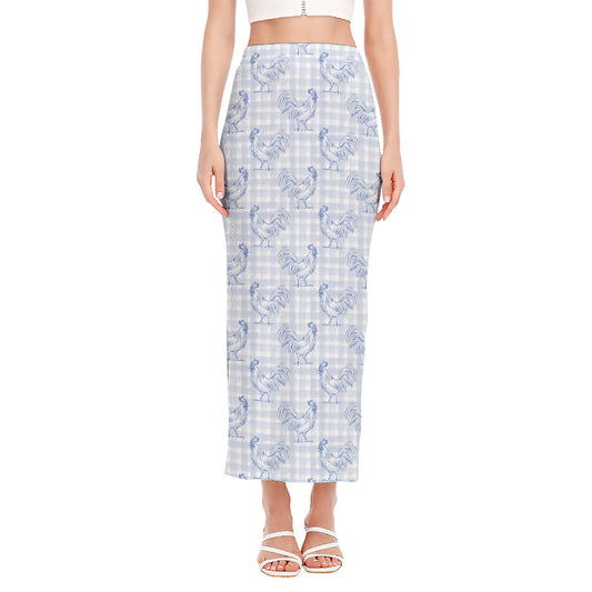 Rooster Plaid Pattern Print Side Slit Maxi Skirt