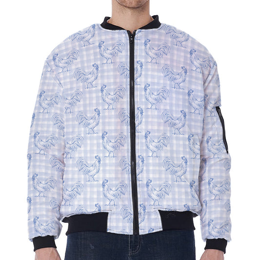 Rooster Plaid Pattern Print Zip Sleeve Bomber Jacket