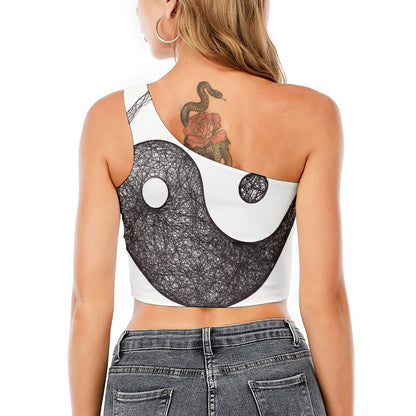 Roots Yin Yang Print One Shoulder Crop Top
