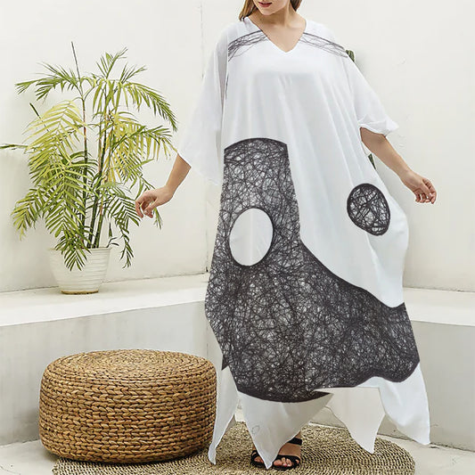 Roots Yin Yang Print Silk V-Neck Kaftan Dress