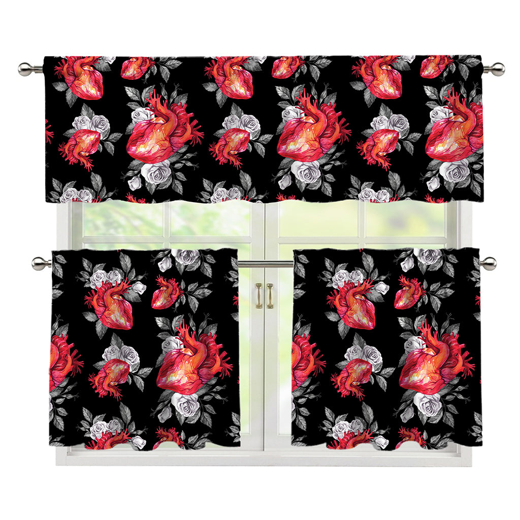 Rose And Heart Pattern Print 3 Piece Kitchen Curtains