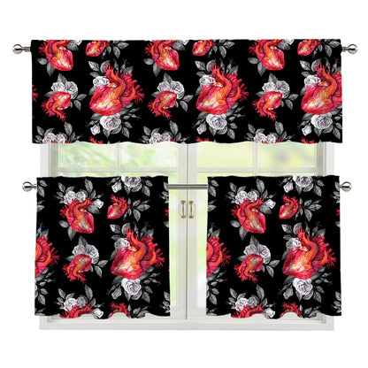 Rose And Heart Pattern Print 3 Piece Kitchen Curtains