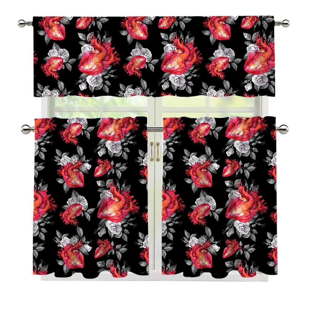 Rose And Heart Pattern Print 3 Piece Kitchen Curtains