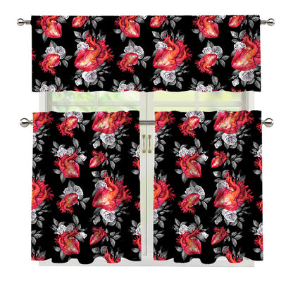 Rose And Heart Pattern Print 3 Piece Kitchen Curtains