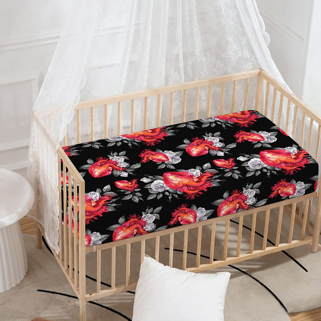 Rose And Heart Pattern Print Baby Crib Sheet