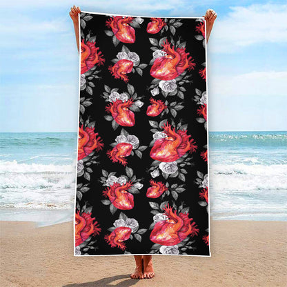 Rose And Heart Pattern Print Beach Towel