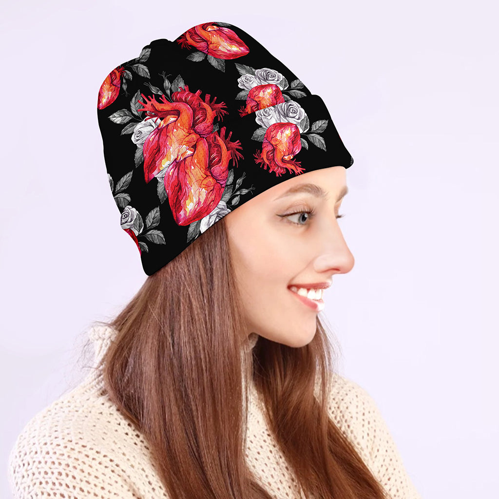 Rose And Heart Pattern Print Beanie
