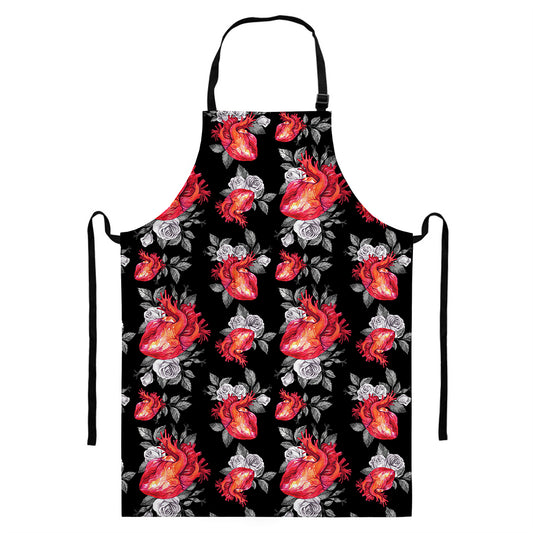 Rose And Heart Pattern Print Bib Apron With Pocket