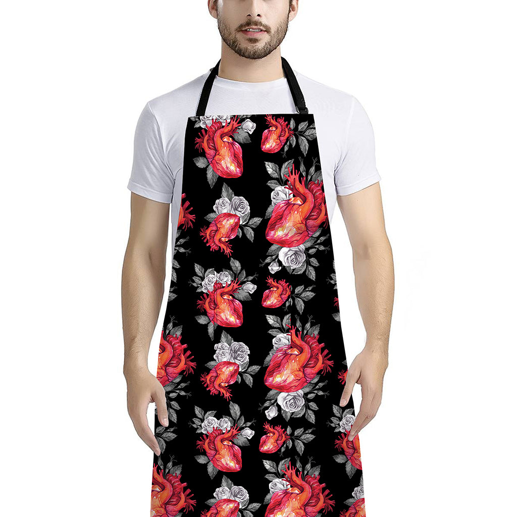 Rose And Heart Pattern Print Bib Apron With Pocket